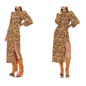 Afrm Bobbie Long Sleeve Brown Black Mock Neck Back Split Midi Dress 14 XL New